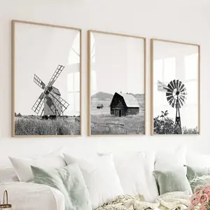 8” x 10” Black White Farm Style Print. Windmill, Barn Poster-sold seperately-No Frame