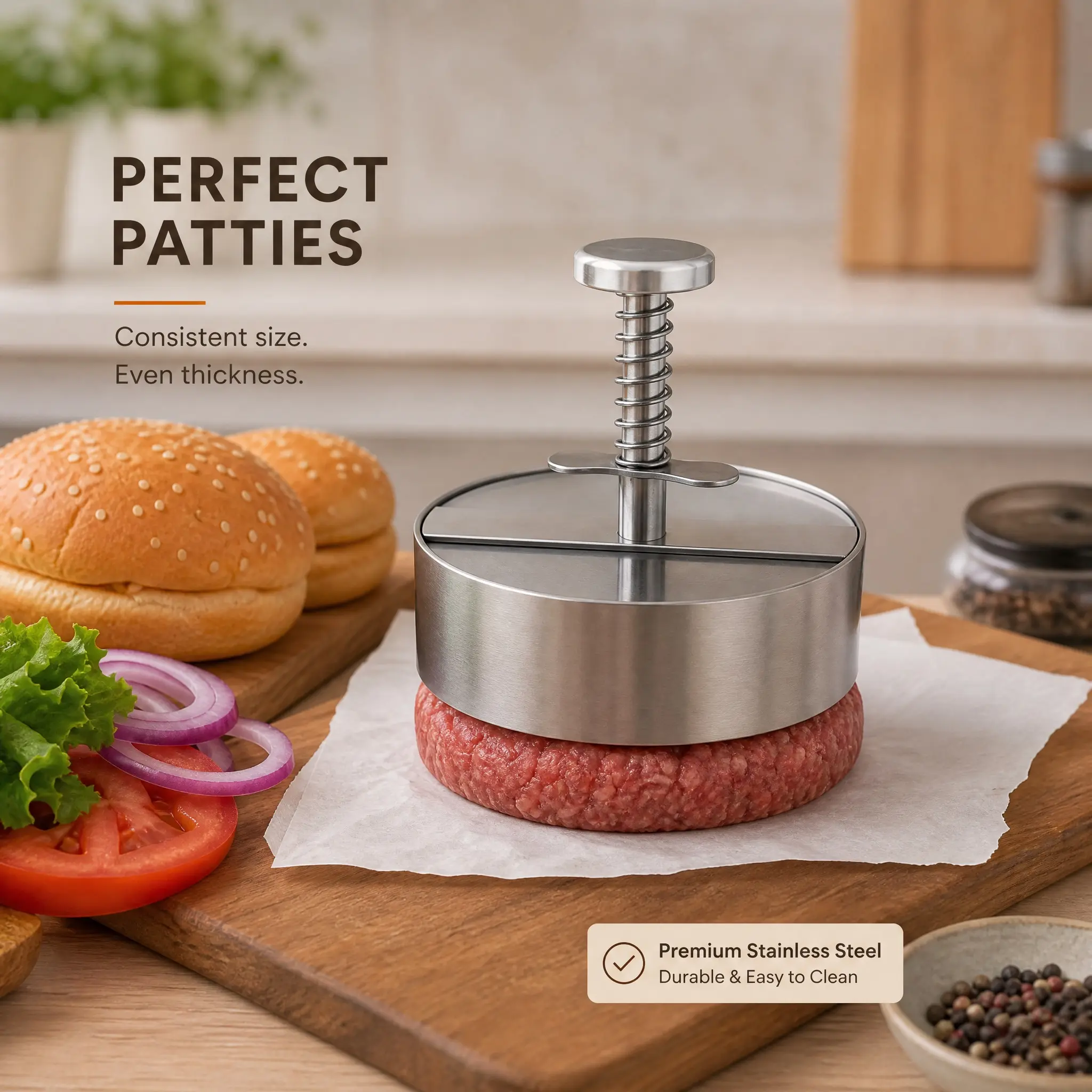 Stainless steel hamburger patty press with adjustable spring mechanism for grilling—easy-to-clean meat press tool