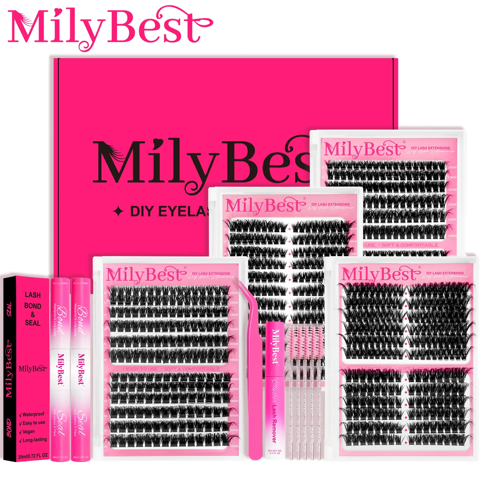 MilyBest 4 Styles Lash Clusters Kit,1 Set Mixed Length Individval Eyelash Extensions Kit,Self Grafting False Eyelashes with Tweezers&Glue&Remover,Prefessional Eye Makeup Accessories for Women