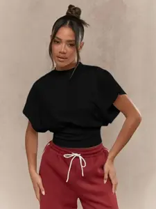 Simple Solid Color Round Neck Short Sleeve T-Shirt, Loose Batwing Sleeves Waist Cinching Top, Casual Versatile Everyday Short Sleeve Tee, Streetwear