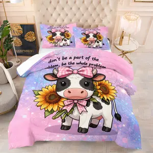 Cow And Flower Pattern Quilt Set, Soft And Durable Bedding Set, Includes 1 Quilt And 1 Or 2 Pillowcases, Suitable For Children And Adults Daily Holiday Birthday Gifts Bedroom Decorations