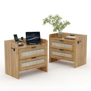 Boho Rattan Nightstands Set of 2 w/ Type‑C Charging Station | 2 Drawer Bedside Tables