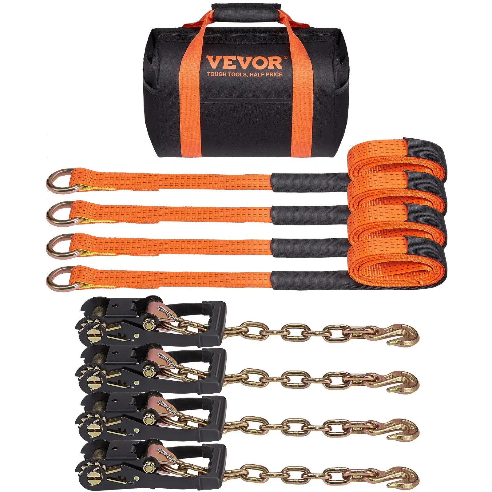 VEVOR Car Tie Down Straps with Chain Anchors, 2"×120" Lasso Style, 5865 LBS Working Load, 11023 LBS Breaking Strength, Heavy Duty Ratchets, Adjustable Ropes, Easy Adjustment, Ergonomic Molded Handle, 4-Pack for Securing Cargo on ATV, SUV