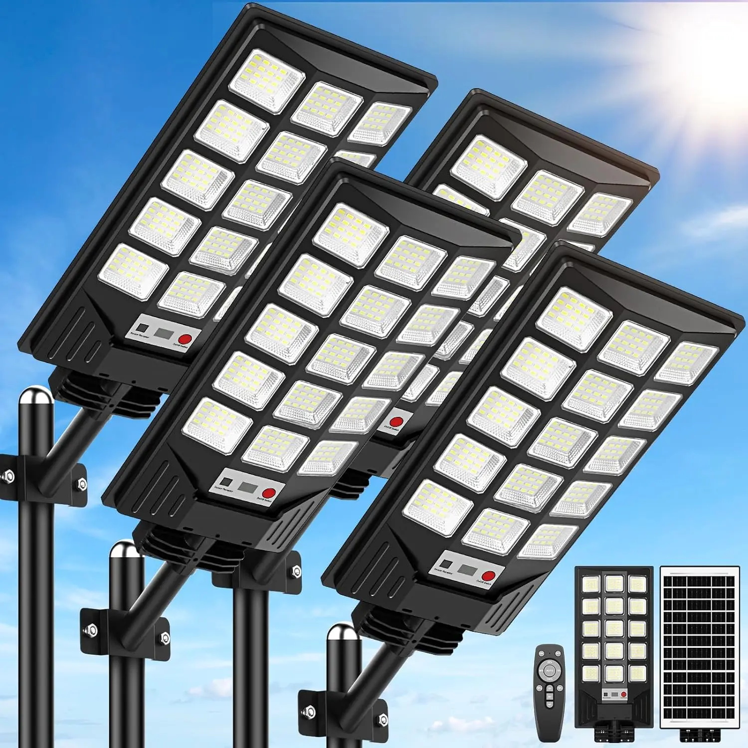 Solar Street Lights Outdoor , 30000LM 6500K LED Motion Sensor Lights, Solar Flood Lights with Remote, Dusk to  Solar- Parking Lot Light, Commercial Area Lighting for Yard, 4-Pack