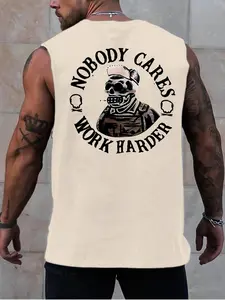 Men's Regular Fit Skull & Letter Print Tank Top, Casual Comfy Workout Sleeveless Top for Summer, Men's Clothes for Outdoor Activities, Menswear