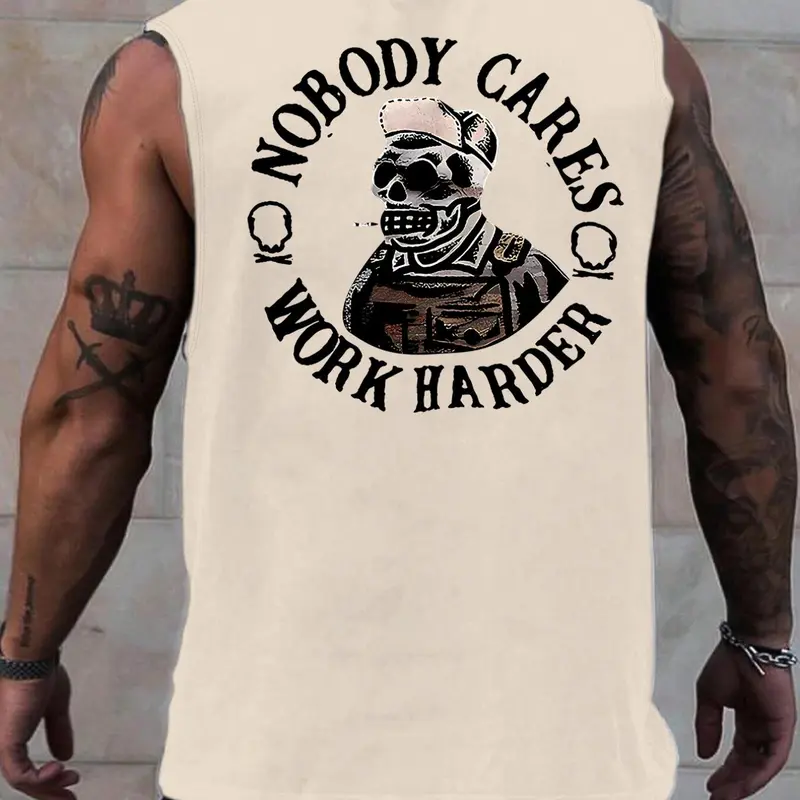 Men's Regular Fit Skull & Letter Print Tank Top, Casual Comfy Workout Sleeveless Top for Summer, Tank Tops Workout, Men's Clothes for Outdoor Activities, Menswear, Sleeveless Shirt, Workout Tanks
