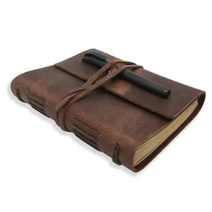 Leather Journal Writing Notebook - Genuine Leather Bound Daily Notepad Lined Paper 240 Kraft Pages, Handmade, Rustic Brown 5 x 7in
