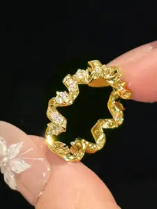 French Simple Women's Zircon Telephone Wire Wrap Design Adjustable Plated 18k Gold Ring, Elegant Geometric Style, All Seasons
