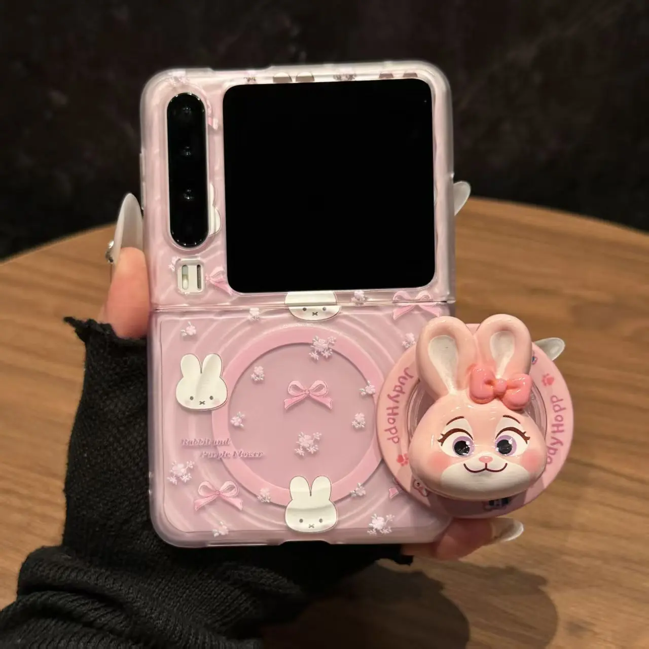 Folding Phone Case for Samsung Galaxy Z Flip 6/7 - Sheer Powder-Effect, 3D Rabbit Magnetic Stand, Foldable, Cute Protective Cover for Smartphone, Handheld Cellphone Devices
