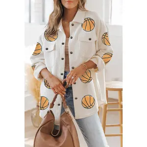 Beige Sequin Basketball Graphic Textured Snap Button Shacket