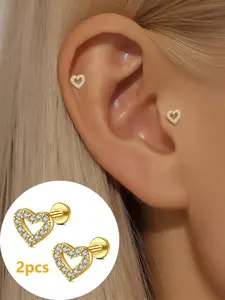 1 Pair Heart Stud Earrings Flat Back Stainless Steels Internal Thread Cartilage Earrings for Women  Hypoallergenic CZ Stud Piercing Jewelry Heart Shaped Earrings