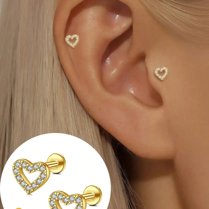 1 Pair Heart Stud Earrings, Flat Back Stainless Steel Internal Thread Cartilage Earrings, Hypoallergenic CZ Cubic Zirconia Earrings Heart Shaped Piercing Jewelry for Women, Cubic Zirconia Studs, Flatback Earrings, Earrings With Flat Backs