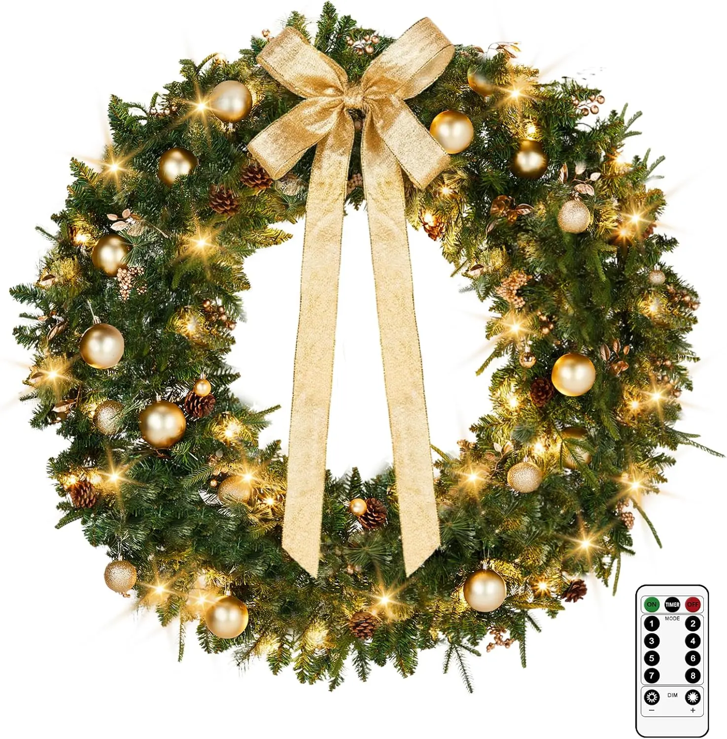 Ubesgoo 48in/60in Pre-lit Christmas Wreath, Lighted Artificial Xmas Wreath with 220 Warm White Lights and 600 PVC Tips and DIY Ornaments, for Front Door Gate Wall Xmas Party Decorations, Light Green & Golden