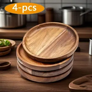 4-Piece Acacia Wooden Tray: Round Cheese, Dessert, Cake, Fruit, And Snack Tray - Multi Functional Wooden Tableware Suitable For Room Decoration, Kitchen Accessories, Party Food Display, Christmas And Halloween Gifts