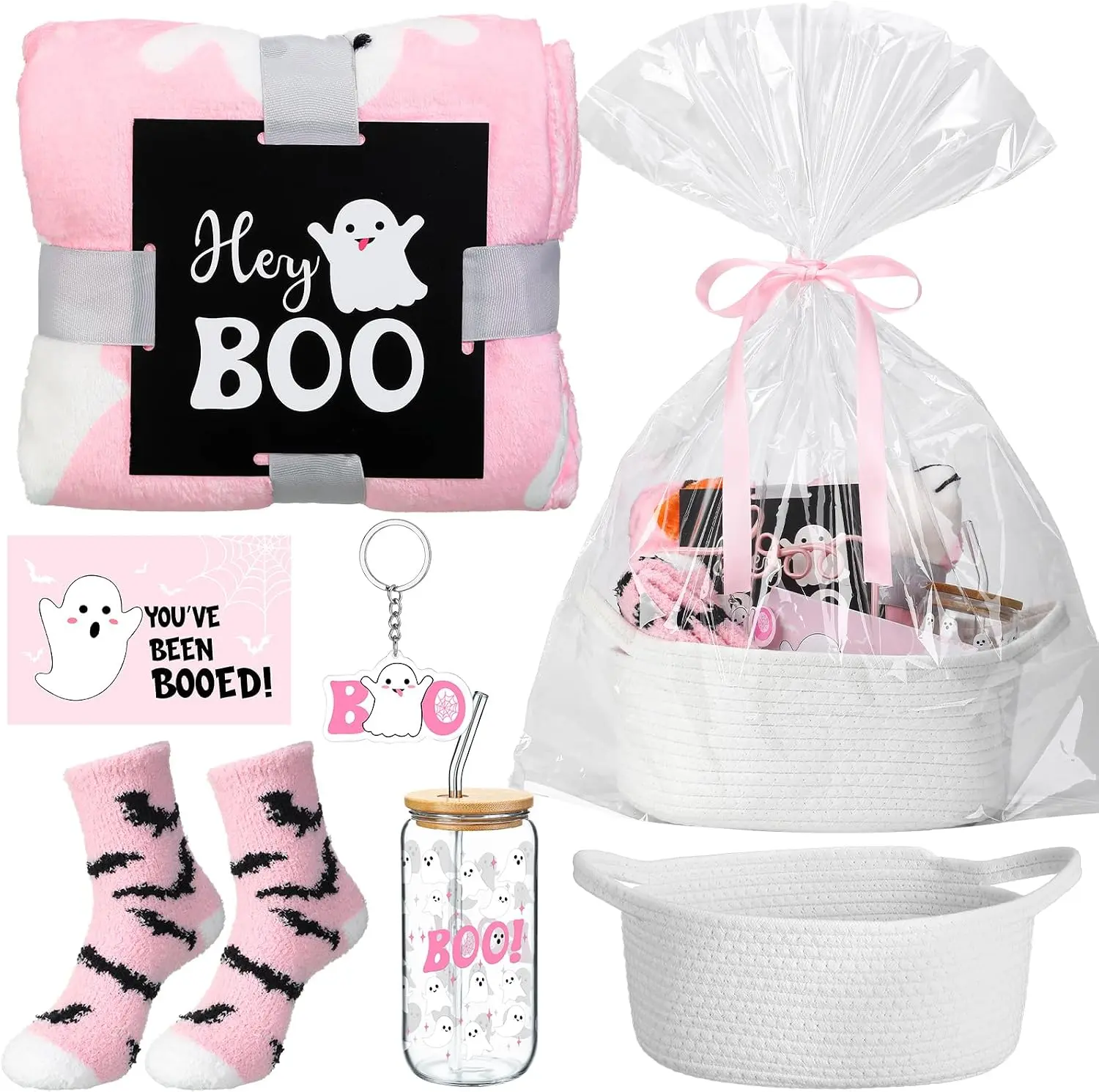 Gejoy Halloween Boo Basket for Women Halloween Gift Set with Ghost Tumbler, Blanket, Plush Toy, Cute Spooky Basket Stuffers Gift Box Ideas for Women Adults Wife Girlfriend Her Sister Friend in Spooky Season, Perfect for Halloween Party