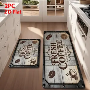 2/3 Piece Soft Flannel Kitchen Mat Set, Vintage Wood Grain Base, Fresh Coffee Design, Non-Slip, Absorbent, Washable Floor Mat, Home Decor, Kitchen Floor Mat