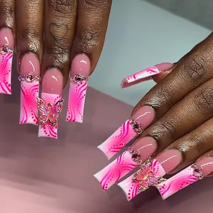 24 pieces long square lightning pattern press on nails, Bling rhinestone decoration, Nail Art, black irregular stripes acrylic fake nails suitable for women daily office travel with jelly glue file strip, Acrylic Nail Extensions, Nail Tips