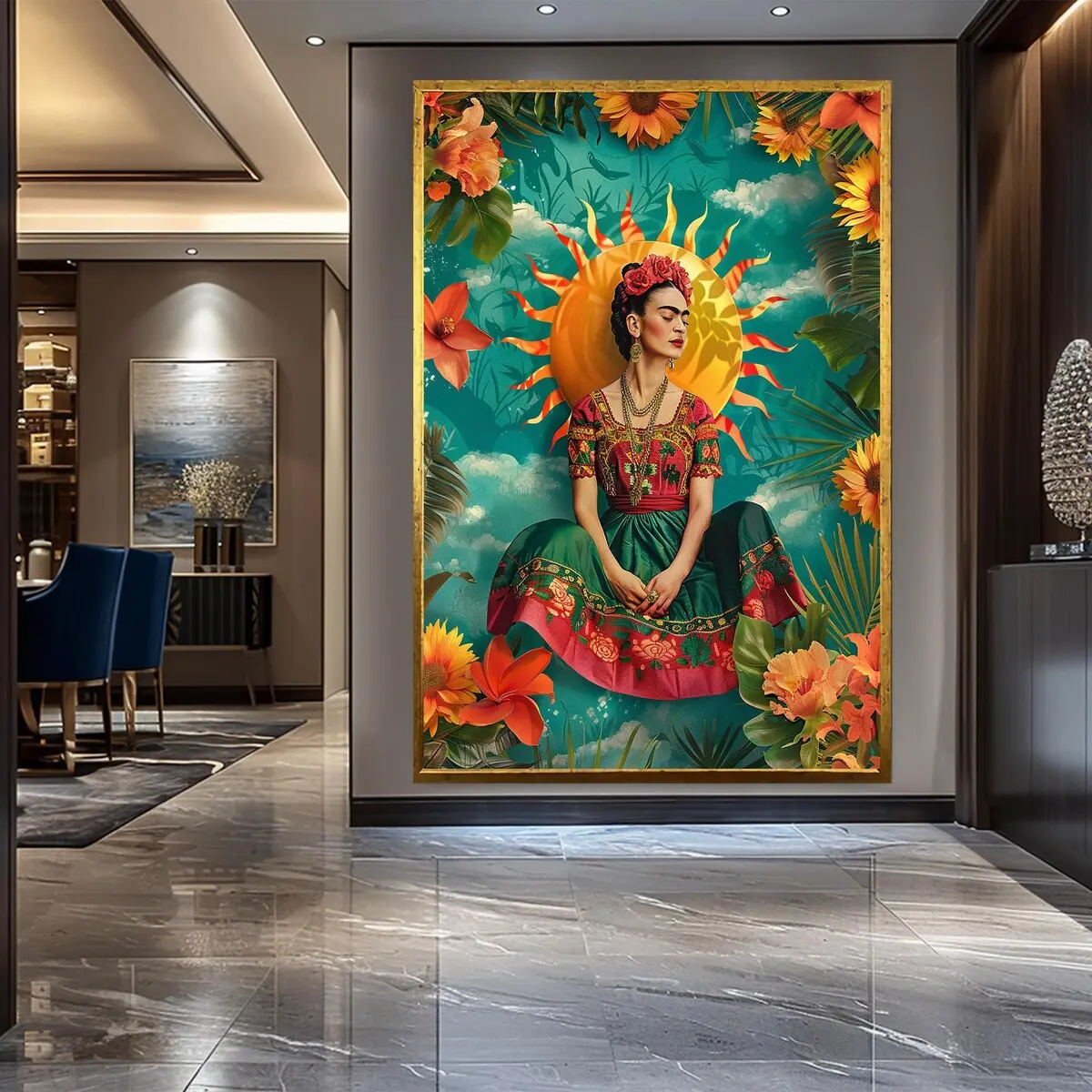 Gift İdeas, Mexican Art, Sunflower Art Folk, Frida Kahlo Poster, Mom Gift, Bohemian Decor, Poster Wall Decor, Flower Crown, Frida Kahlo Art, Room Decor, Unframed