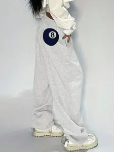 Women's Lucky Number 8 Print Wide Leg Pants Knit, Casual Fitted Comfortable Long Trousers, Fashionable Daily Wear for All Seasons, Casual Bottoms