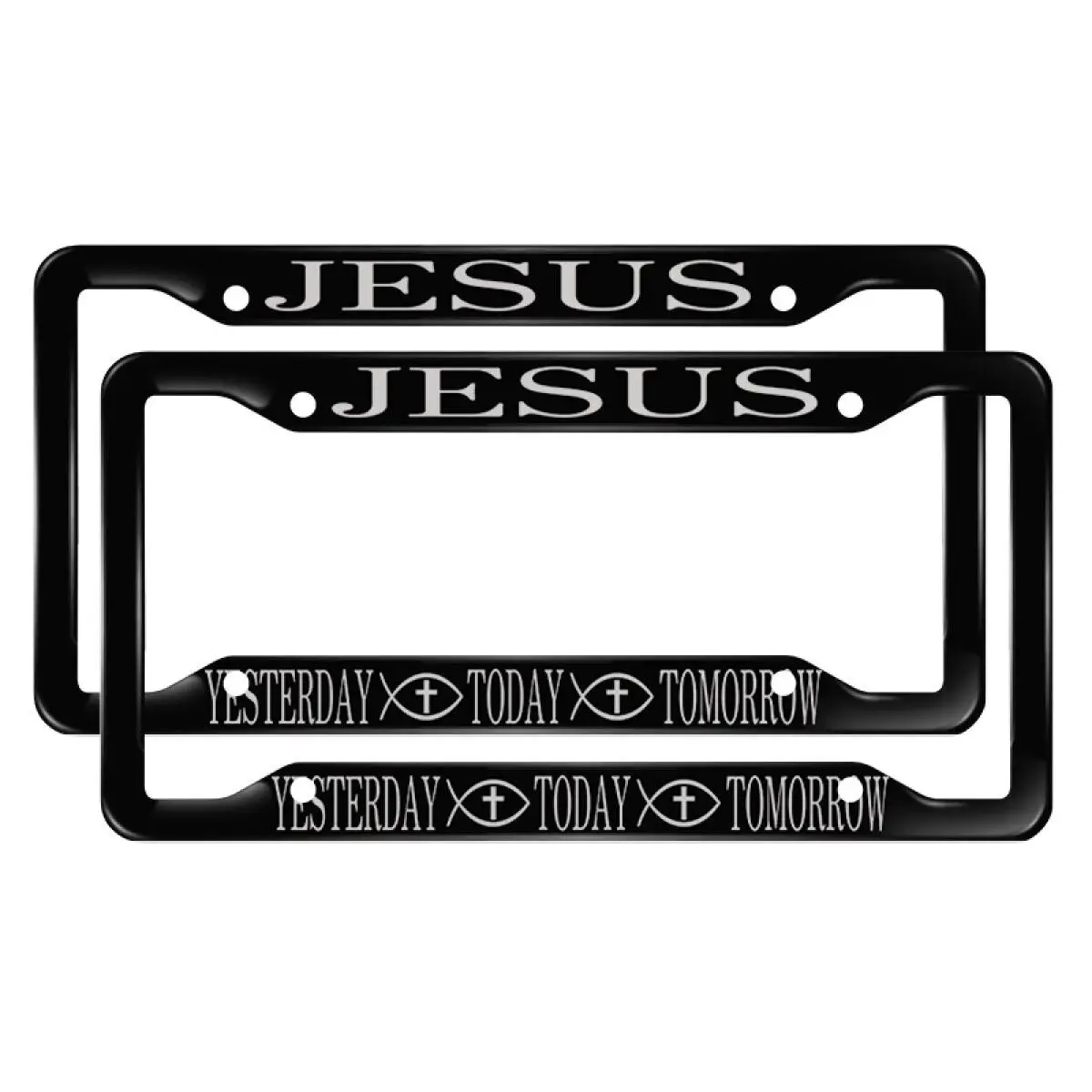 Matte Black Aluminum Faith License Plate Frame - "JESUS YESTERDAY TODAY TOMORROW" Print, Rustproof Christian Car Accessory, Car/Truck/SUV Auto Accessory for Men/Women, License Plate Holder