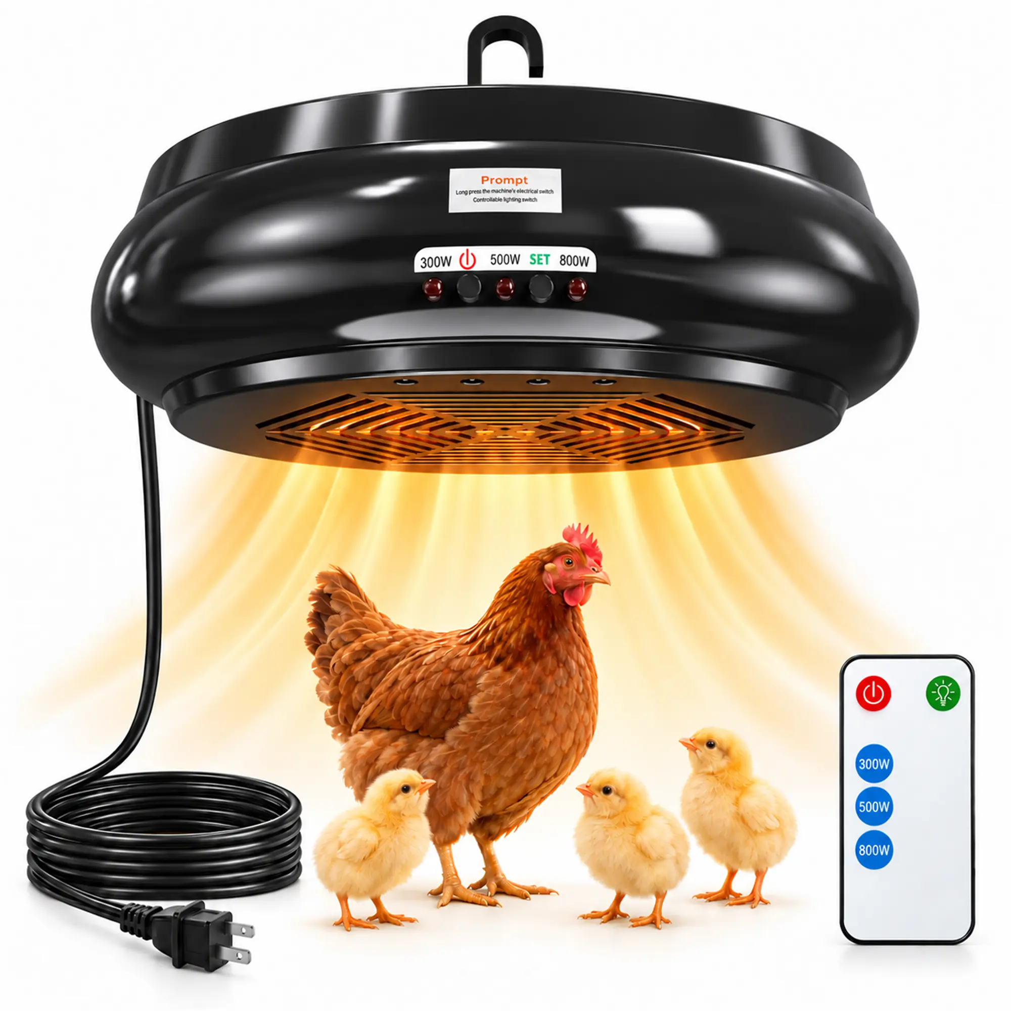 800W Chicken Coop Heater, Hanging Forced-Air Poultry Heater with Remote Control, 3 Heat Settings, Overheat Protection and 5.9 FT Cord for Brooders and Enclosed Animal Shelters, 120V