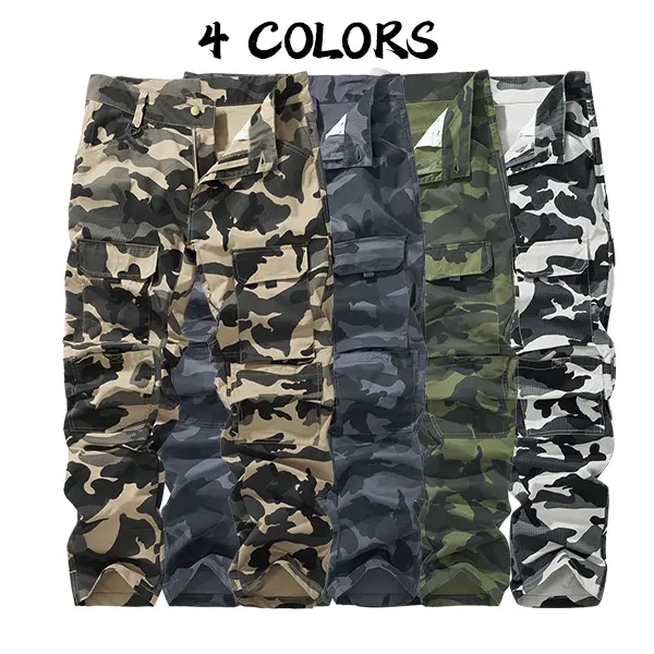 Men’s camouflage cargo pants with multiple pockets, available in four colors; straight-leg, wear-resistant tactical casual pants suitable for outdoor hiking and leisure activities.