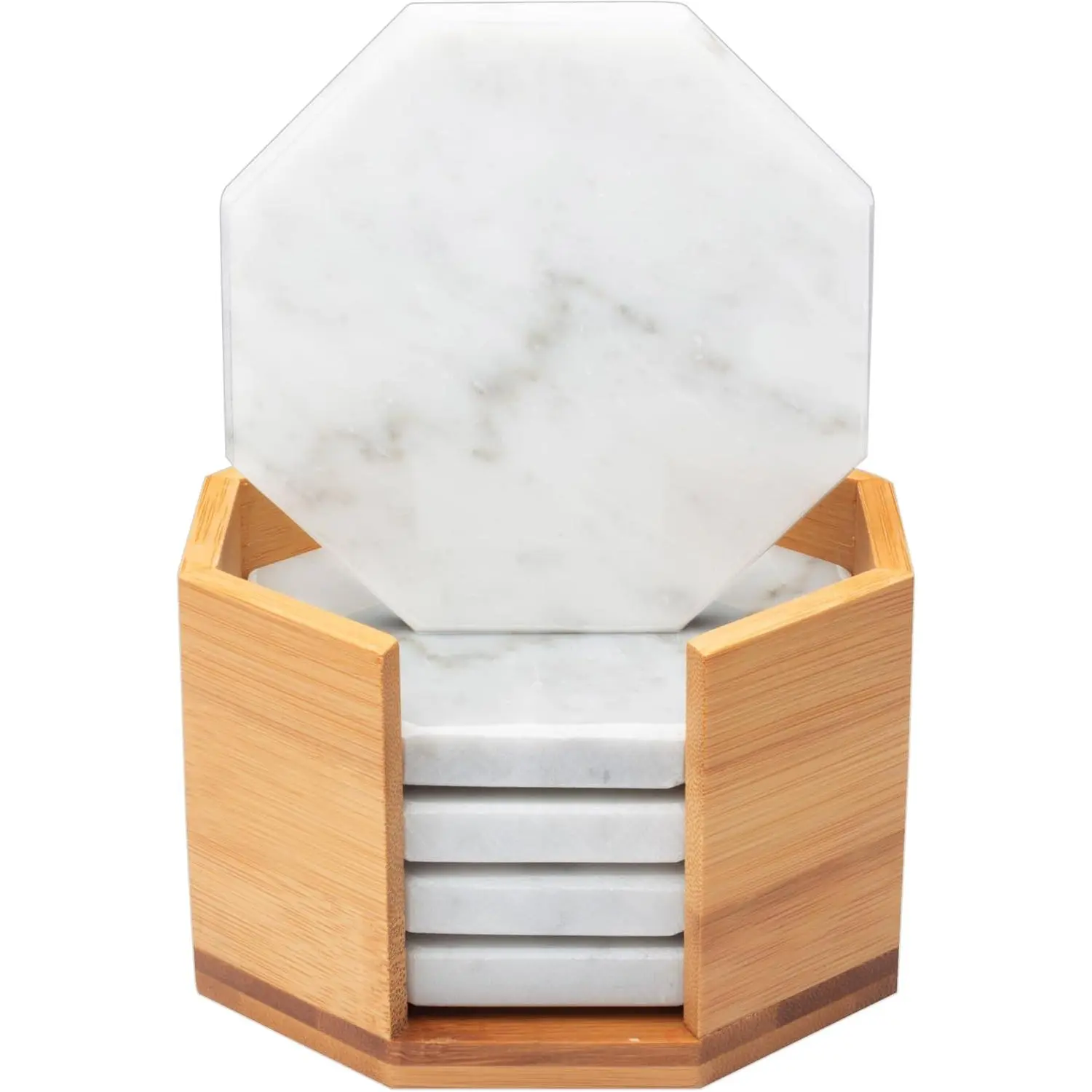 D'Eco White Carrara Marble Coasters w/ Bamboo Holder - Set of 5 - Tabletop Protection- Fits Any Size Wine Glass, Cup, Mug - Great Mother's Day Gift