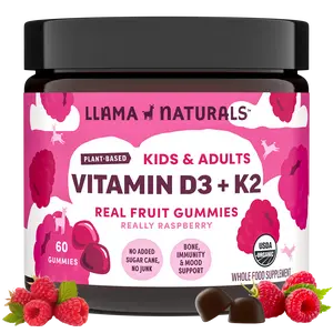 Llama Naturals Vitamin D3, Vegan, Organic Immune Support Supplement, Vitamin D Gummies for Adults and Kids, Real Fruit Gummy Vitamins, Promotes Bone Health, No Added Sugar Cane, Raspberry, 60 Ct