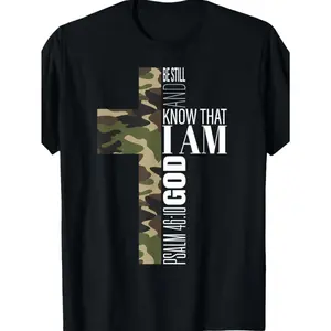 Men's Christian T-Shirt - Knowing God Bible Verse Camo Cross Tee, Green Camouflage Cross Religious Apparel, Regular Fit for All Seasons, Machine Washable
