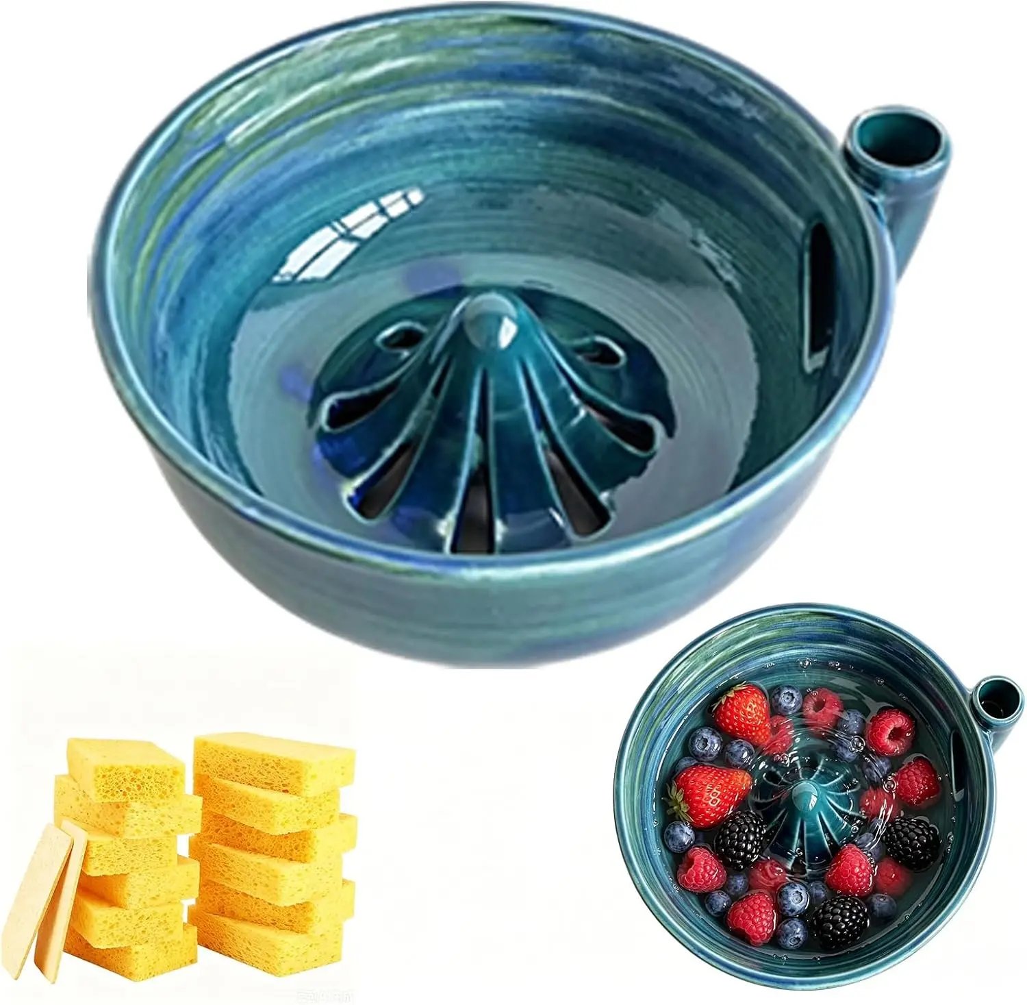 Self Rinsing Berry Washing Ceramic Bowl, 7", Pale Blue | Ceramic Berry Basket with Holes, Stoneware Fruit Rinse Bowl, 10pcs Compressed Cellulose Sponges, For Kitchen Counter