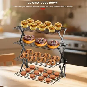 Large Capacity 4-Tier Collapsible Cooling Rack - Foldable Stackable Black Metal Baking Stand for Batch Baking Cookies, Cakes, Bread & Family Daily Kitchen