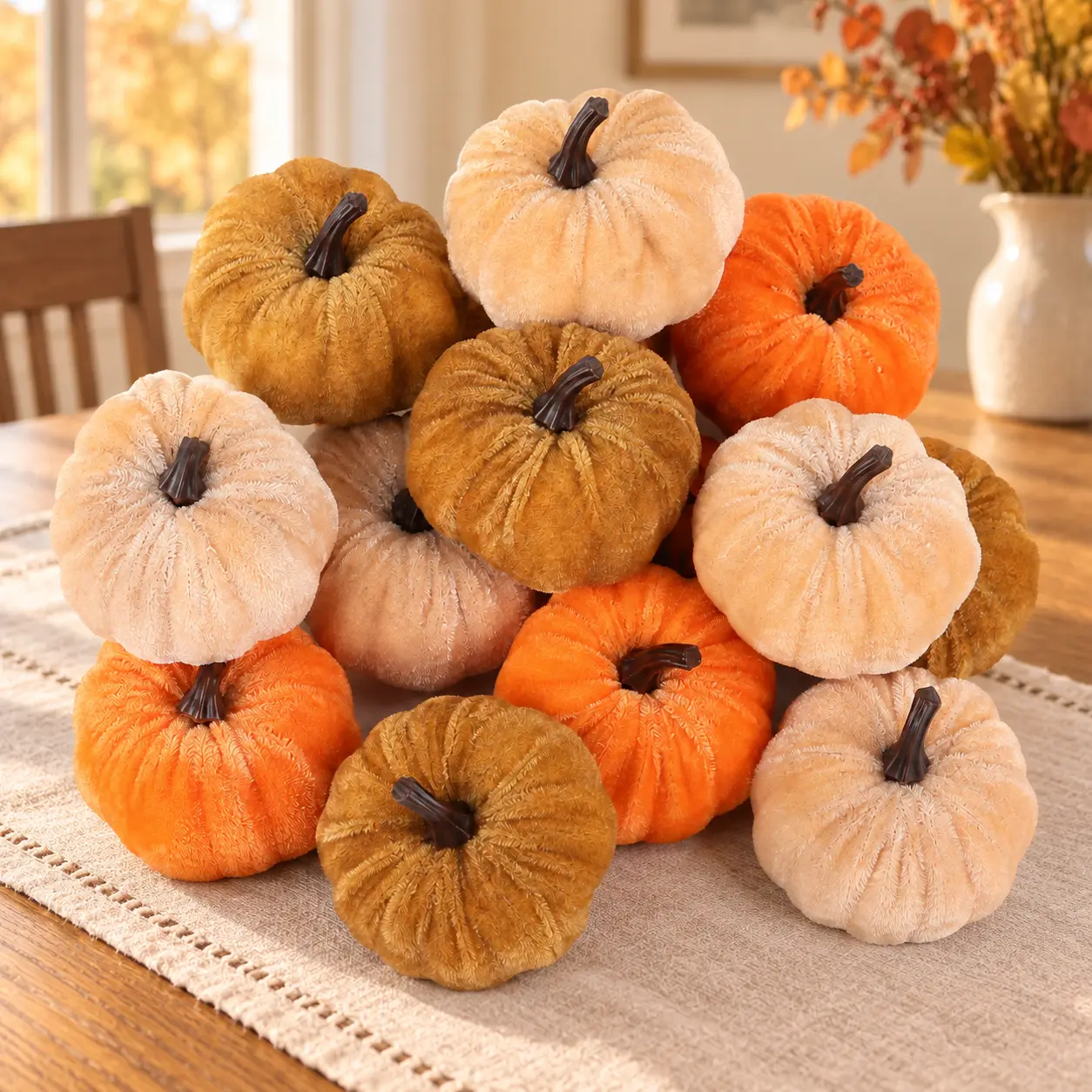12-Piece Mini Velvet Pumpkins Set, Soft Faux Fall Decorations for Bowl Fillers, Harvest Centerpieces, Halloween and Thanksgiving Home Decor