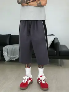 1-Piece Men's Side Stripe Wide Leg Cropped Sweatpants, Dark Gray Black Color Block Elastic Waist Casual Pants For Daily Streetwear And Lounge Wear