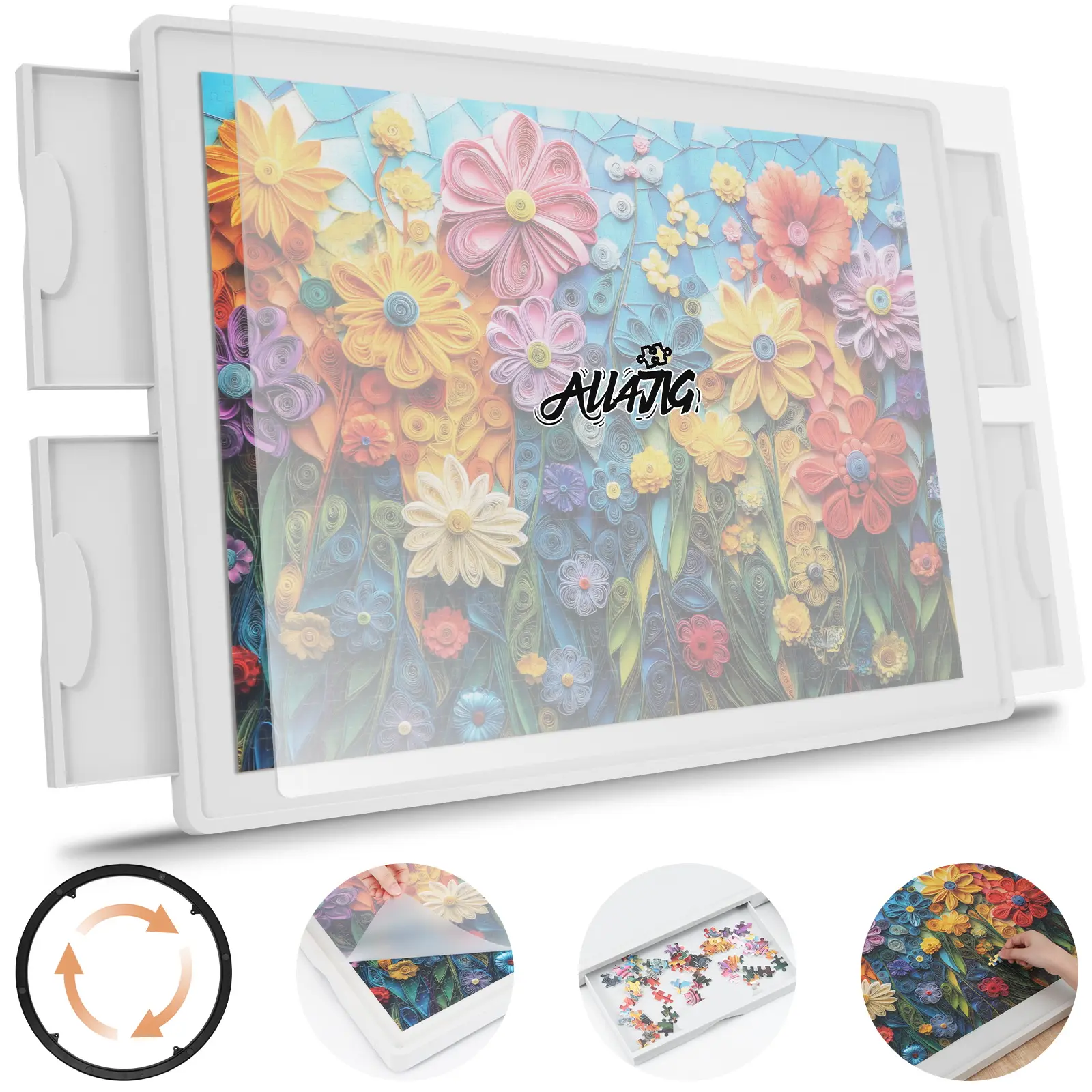 ALL4JIG 1500 Pieces Rotating Plastic Puzzle Board with 4 Sliding Drawers and Protective Cover, 360° Lazy Susan Design, 34.21"x25.75" Portable Spinning Puzzle Table for Adults and Mother’s Day Gift , Ideal Gift for Mum