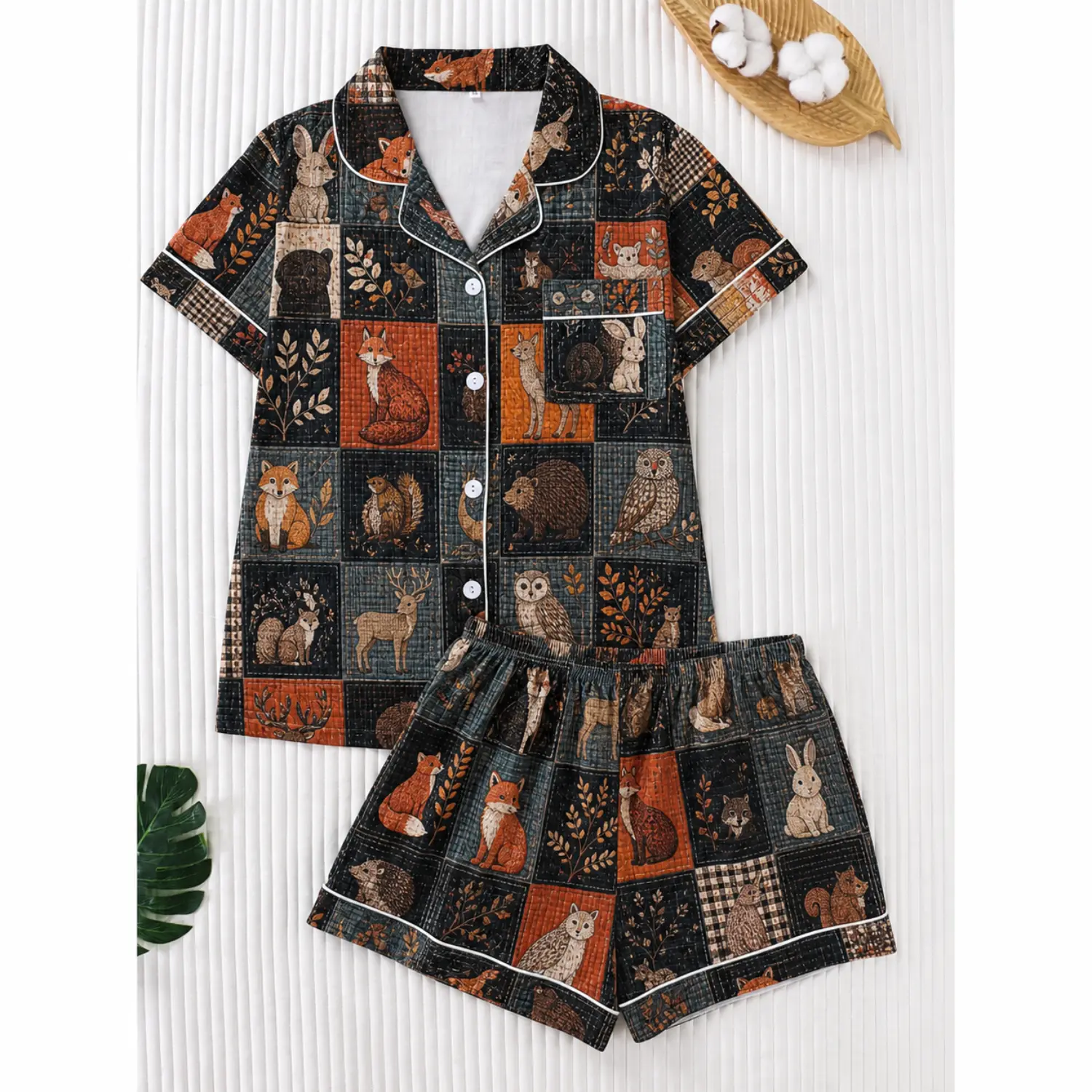 Women’s Two-Piece Pajama Set - Short Sleeve Sleepwear Loungewear with Animal Patchwork Design