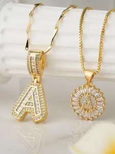 18k Letter Pendant Necklace, Copper Chain with Rhinestones, Hip Hop Style Jewelry for All Seasons, Alphabet pendant