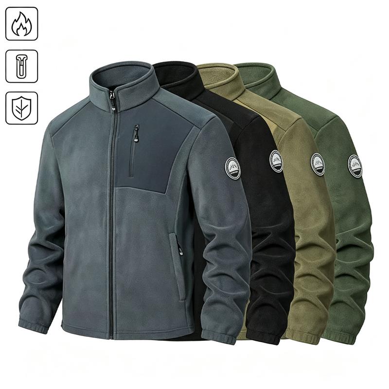 Men's Warm Fleece Fashion Jacket - Autumn Winter Regular Fit Outerwear, Warm & Cozy Men's Fleece Jackets, Outdoor Casual Stand-Collar, Double-Sided Polyester Plain Top, Zip Pockets, Machine Washable Menswear Coat