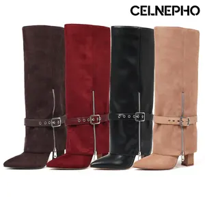 CELNEPHO Womens Slouchy Boots Pointed Toe Fashion Booties Knee High Tall Boot Adjustable Buckle Block Heel Side Zipper Closure Fold Over Boot Gift Party Office Wear Music Festival Wedding Dress Shoes