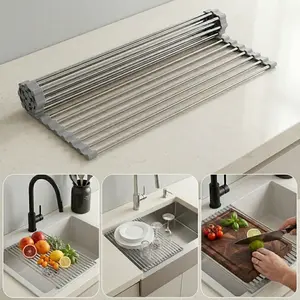 Over The Sink Dish Drying Rack Roll Up Foldable Stainless Steel Kitchen Dish Drainer for Sink Countertop, Heat Resistant Drying Rack for Dishes Cookware Fruits Vegetables, Portable Space Saver Gray