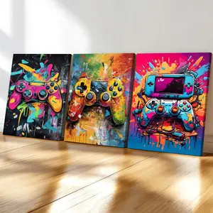 3-Pack Wood Frame Canvas Posters, Graffiti Game Controller Theme Decor, Modern Living Room Wall Art, Fashion Home Poster for Bedroom, Office, Hallway