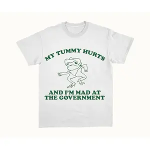 S-5XL Premium 180g 100% Cotton My Tummy Hurts And I'm Mad At The Government T-Shirt| Unisex Retro Vintage Frog Meme Graphic Tee, Viral 2026 Trending Casual Short Sleeve Gift Shirt for Men Women