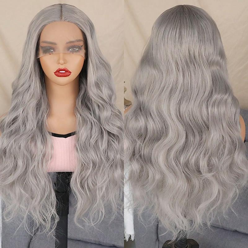 Grey Body Wave Synthetic Lace Front Wigs Glueless Silver Grey Loose Wave 13X4 HD Lace Middle Part Natural Hair Line 30 Inches 250% Density Heat Resistant Fiber Hair Wigs for Women Daily Party Cosplay Use
