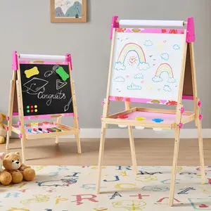 Adjustable Height Wooden Easel With Paper Roll Double Sided Magnetic Chalkboard And Whiteboard For Home Art Station
