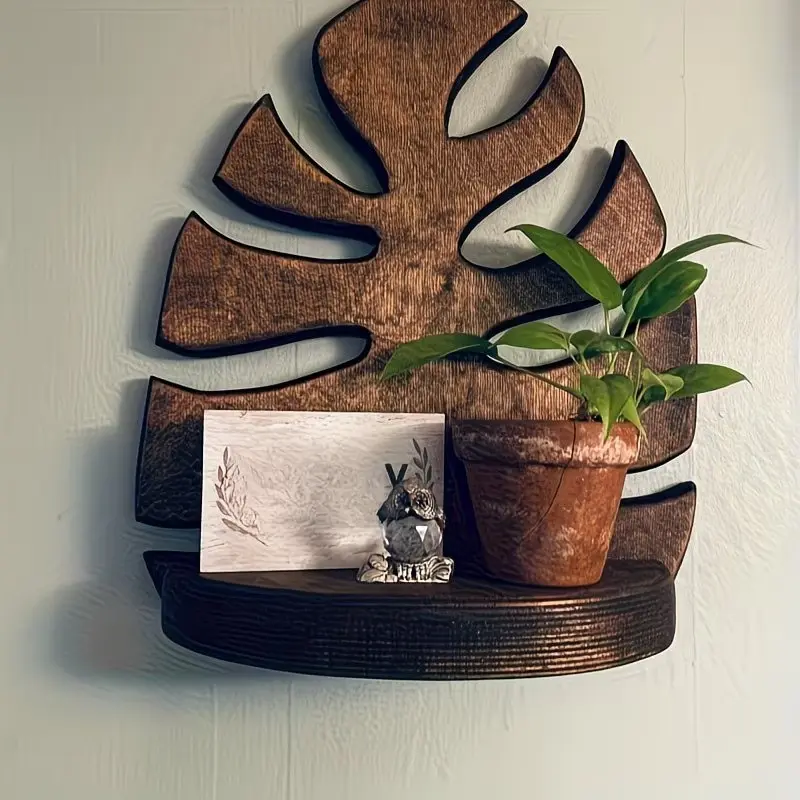 Easy Install Wooden Leaf Shaped Wall Shelf, Natural Wood Frame, Size 9.84'' X 7.08'', Ideal Space Saving Design Storage Solution Organizing for Small Plants and Items, Wall Mounted Shelf