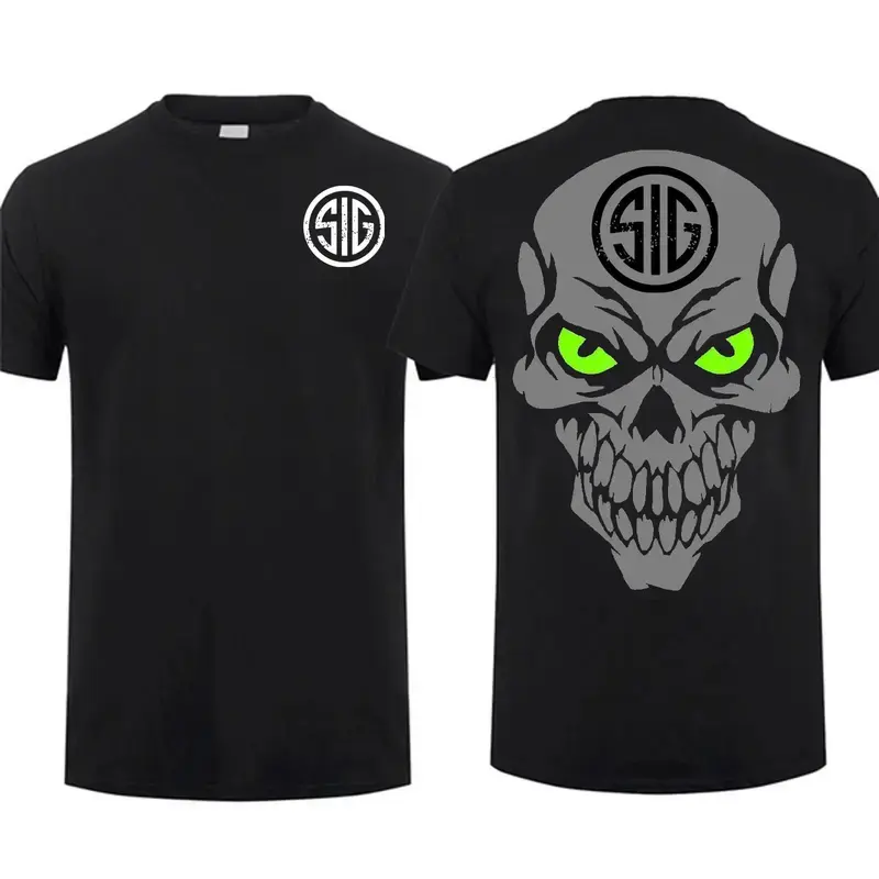 Men's Sig Sauer Skull Green Eyes Round Neck Crew Neck T-shirt - 100% Cotton Short Sleeve Tops, Unisex Casual Tactical Gear, Digital Print, Made in USA