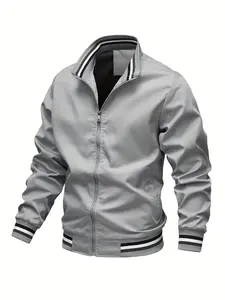 Trendy Spring Fall Men's Long Sleeve Fitted Plain Jacket, Multi-Pocket Retro Style Youth Outdoor Casual Coat, Fashionable Outerwear for Young Men, Solid Pocket Jacket