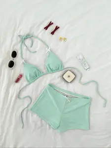 Women's High Stretch Spring Summer Bikini Set, Sweet Plaid Texture Triangle Cup Briefs, Comfortable and Stylish Swimsuit, Triangle Bikini String