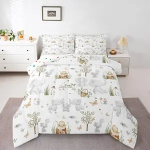Elephant Comforter Set,Cute Cartoon Animals Bedding Set,Woodland Snails Wildlife Comforter,Elephant Family Stump Butterfly Trees Quilt