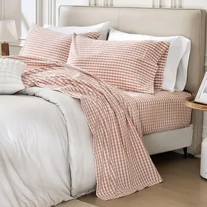 Gingham Sheet Set: 100% Washed Cotton, Linen-Like Texture, Breathable and Soft, 3/4-Piece Set, Plaid Checkered Bed Sheets, 15" Deep Pocket,Twin/Twin XL/Full/Queen/King/California King