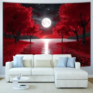 1pc Night Red Tree and Moon Tapestry - Art Deco Style Polyester Wall Hanging for Living Room, Bedroom, Office, Party Decor - Perfect Creative Gift, Moon Decor, Red Backdrop, Extra Large Wall Tapestry, Wall Tapestry, Tapestry Wall Hanging